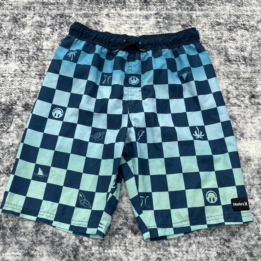 Hurley Youth Large Boys Checkered Shorts Swimwear Trucks Blue Shorts Smiley Face
